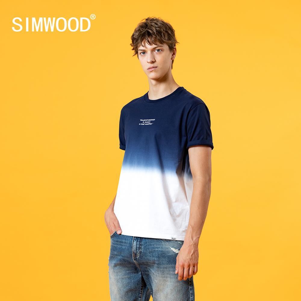 SIMWOOD Dip Dye Contrast Color T-shirt Men O-neck Letter Print Fashion Streetwear 100% Cotton Breathable Tops SJ120895