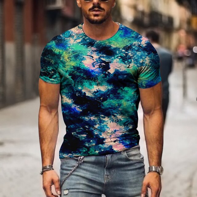 Crew T-Shirt for Men, Tie Dye Shirt 3D Color Full Printed Tees Short Sleeve Tops Summer Casual Shirts