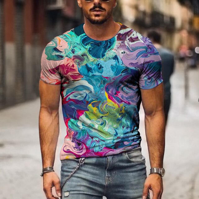 Crew T-Shirt for Men, Tie Dye Shirt 3D Color Full Printed Tees Short Sleeve Tops Summer Casual Shirts