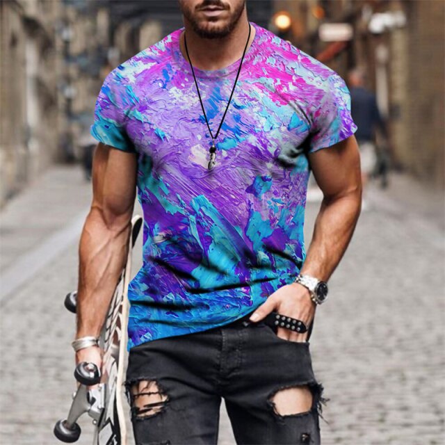 Crew T-Shirt for Men, Tie Dye Shirt 3D Color Full Printed Tees Short Sleeve Tops Summer Casual Shirts